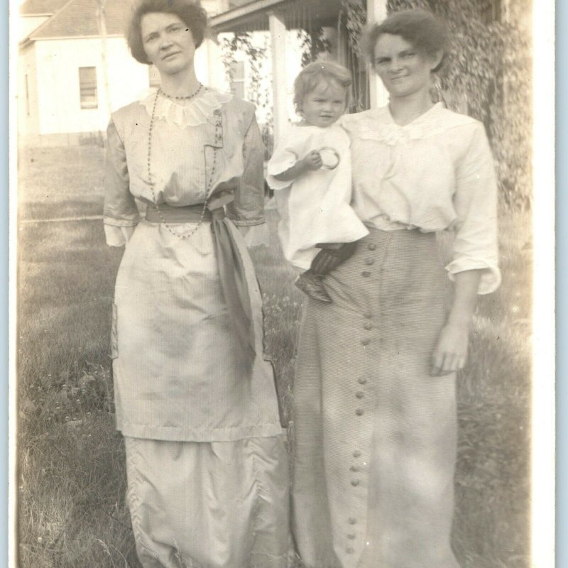 1910s Young Ladies & Baby RPPC Child Mother Real Photo Antique Postcard House A1