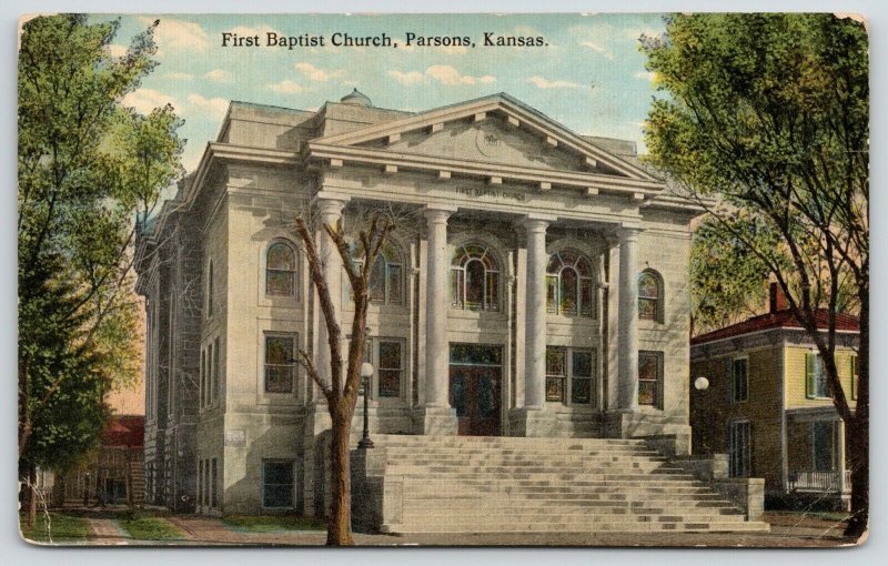 Parsons Kansas~First Baptist Church~Big House Next Door~1908 Postcard 