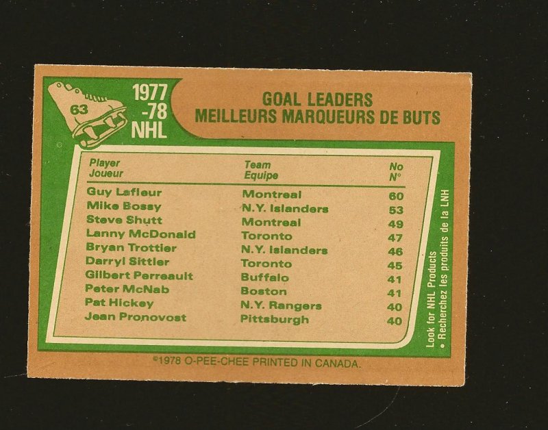 O-Pee-Chee 1977-78 NHL Goal Leaders Card #63 Lafleur Bossy Shutt