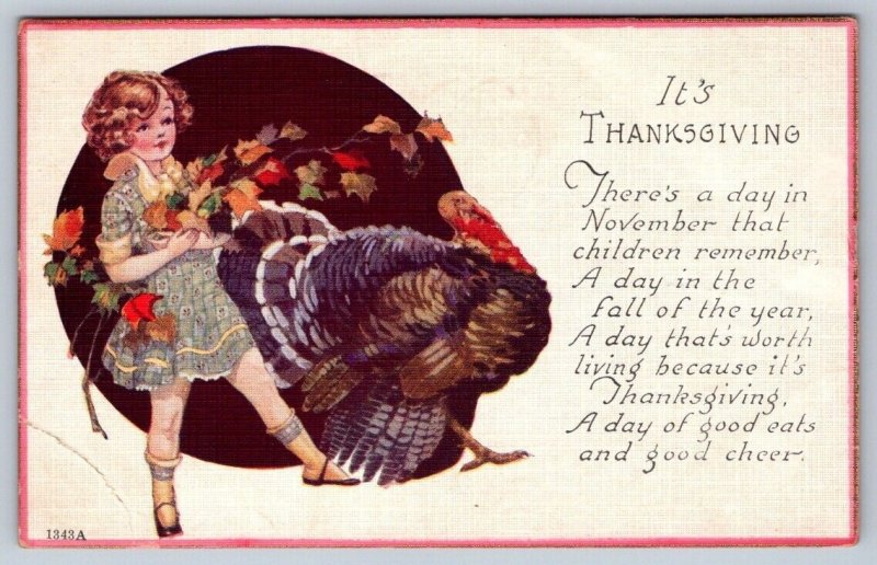 It's Thanksgiving, Girl, Turkey, Rhyme, Vintage 1937 Linen Postcard
