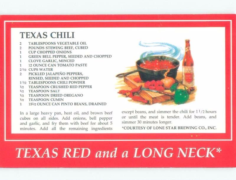 Unused 1980's TEXAS CHILI RECIPE ON A POSTCARD State Of Texas TX E7072