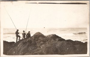 RPPC Three Men Fishing Long Poles of Rocks c1910 Real Photo Postcard J21