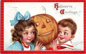 Postcard Frances Brundage Halloween Greetings 120 Boy Girl Jack O'Lantern