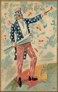 Fourth of July Uncle Sam Declaration of Independence Fireworks c1910 Postcard