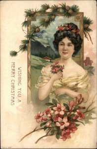 Art Nouveau Christmas Beautiful Woman Flowers Pinecones c1905 Postcard