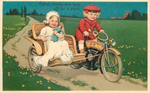 Postcard C-1910 PFB Children Motorcycle Sidecar Artist 23-3095