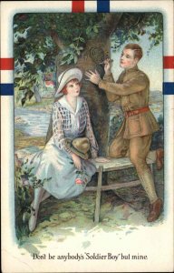 WWI Soldier Carves Woman's Name in Tree Romance Vintage Postcard