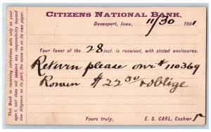 Davenport Iowa IA Clarion IA Postal Card Citizens National Bank 1881 Posted