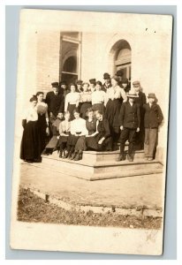 Vintage 1910's RPPC Postcard - Group Photo of Kids at School Entrance