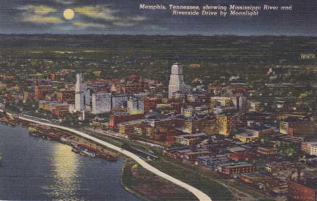 Riverside Drive and Memphis Skyline by Moonlight - Tennessee - Linen