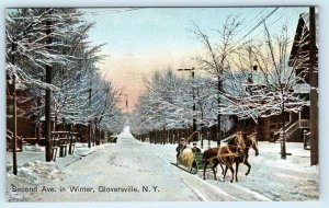 GLOVERSVILLE, New York NY ~ Winter SECOND AVENUE Street Scene c1910s Postcard