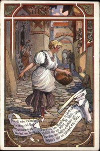 Fairy Tale? Cinderella? Woman on Cobblestone Street - Adolf Bauer Postcard