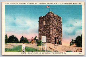 Mt Mitchell NC~Observatory Tower~Gov Weather Station~Flag~Fence~Linen 1940s PC