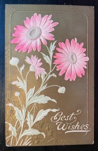 Vintage Victorian Postcard 1901-1910 Best Wishes - Pink Daisy on Gold Background