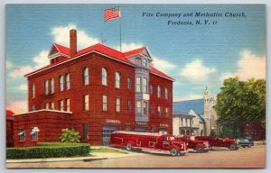 Fredonia New York~Fire Company & Methodist Church Bldg~Vintage Linen Postcard