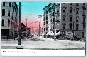 Janesville Wisconsin Postcard West Milwaukee Street Building Horse Carriage 1910
