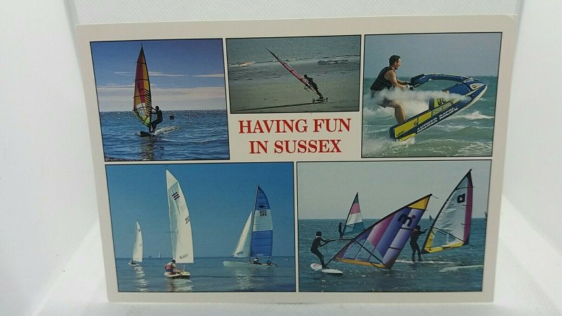 Vintage Postcard Having Fun in Sussex Jetskiing Windsurfing Sailing Waterslorts