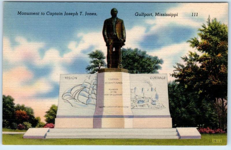 GULFPORT, Mississippi  MS   Monument to CAPTAIN JOSEPH T. JONES c1940s  Postcard