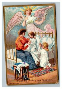 Vintage 1909 Winsch Back Postcard Angel Watches Over Praying Children Religious