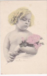 Young Child With Flowers Signed Schlesinger Brothers