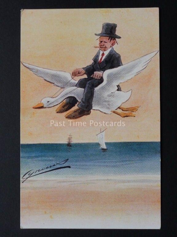 Cynicus Bild Shows Mann In Top Hut Anzug Fliegende Einem Weissen Gans C1910 Hippostcard