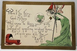 Fairy God Mother Instead of Three Wishes Gives All the Earth to Baby Postcard G4