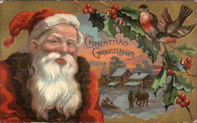 Christmas - Close-Up Santa Claus Face Gold Border w/ Birds c1910 Postcard