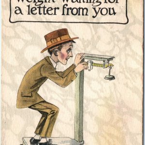 c1910s Losing Weight Waiting Skinny Man Platform Scale Comic Postcard Grain A80