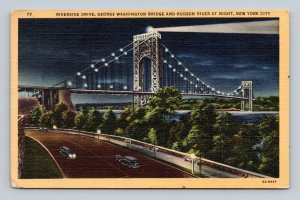 Night Riverside Drive Washington Bridge New York City NY NYC Linen Postcard K14