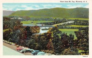 WAVERLY, NY  New York   CARS & VIEW FROM MT TOP  c1940's Curteich Linen Postcard