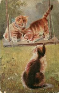 c1909 Postcard; Mother Cat w Kittens on Garden Swing A/S L Schropler HSM Ser.749