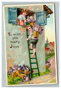 Vintage 1910's Postcard Boy Climbs Ladder Delivers Flowers and Note to Cute Girl