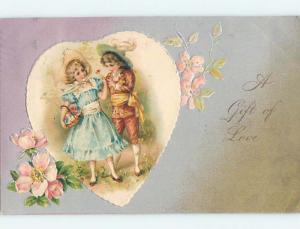 Pre-1907 valentine BOY WALKING WITH GIRL HOLDING HER FLOWER BASKET HL1371