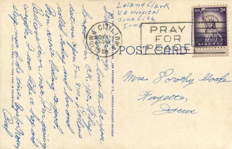 1958 Veterans' Administration Hospital Iowa City, Iowa Vintage Postcard