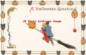 329689-Halloween, Bergman No 9076-6, Couple Riding a JOL Head Broom