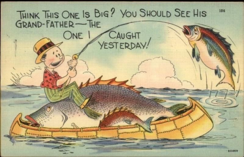 Fishing Exaggeration - Man in Canoe Linen Comic Postcard