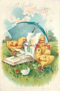 Easter, Tuck No 111-3, Chicks Reading Book under Umbrella