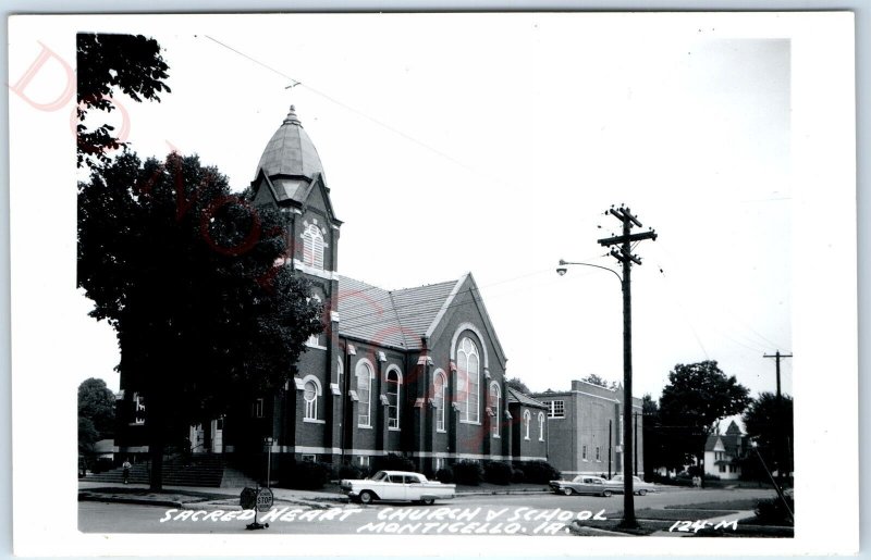 c1950s Monticello, IA RPPC Sacred Heart Church & School Real Photo Postcard A108