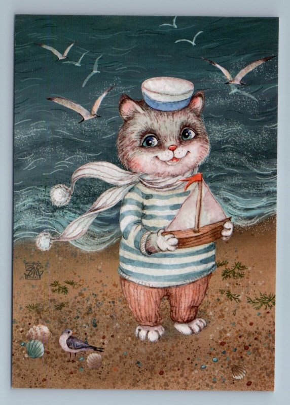 FUNNY CAT in Sailor Costume on Sea with Ship seagulls Fancy Russian New Postcard