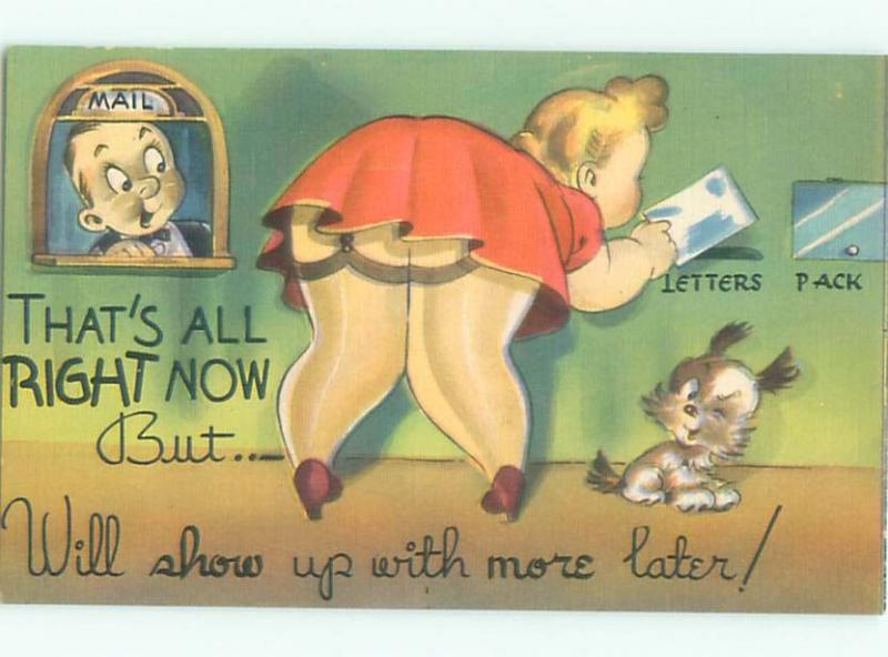 Linen Risque DOG Beside Chubby FAT Girl Bending Over Ab6746 Topics Risque Women Vintage Women Postcard