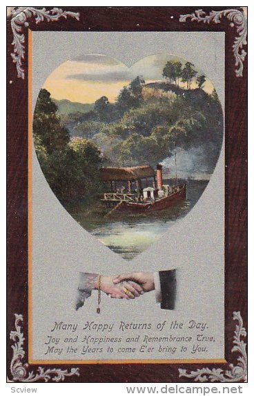 Steam boat on a river, Man and woman shaking hands, Many Happy returns of the...