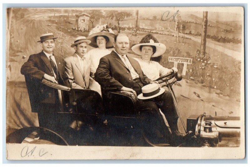c1910's Men Women Hats Car Studio Portrait Louisville KY RPPC Photo Postcard