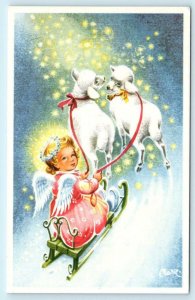 MARIE Artist Signed ANGEL LAMBS SLEIGH Gott Nytt År Happy New Year Postcard