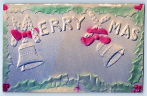 Christmas Postcard Large Letters Ringing Bells Berries Airbrushed Embossed c1910