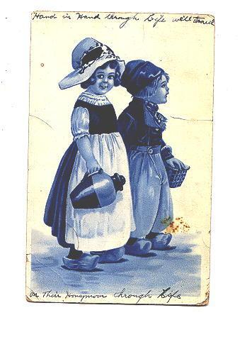 Blue Tinted Dutch Boy and Girl Hats and Wooden Shoes, Used 1913