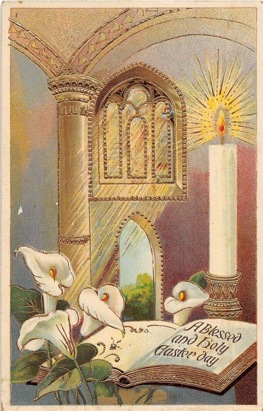 A90/ Easter Postcard Holiday Greetings 1916 Church Interior Candle Gold-Lined 21