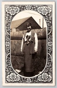 RPPC Art Nouveau Border Edwardian Women Posing In Yard Real Photo Postcard R30