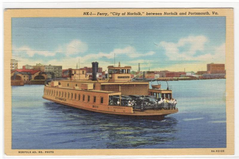 Ferry City of Norfolk Steamer Boat Portsmouth Virginia 1944 postcard