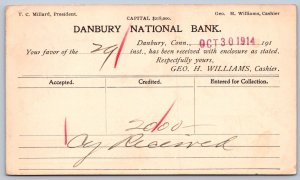 K44/ Danbury Connecticut Postcard c1914 Danbury National Bank Postal 406