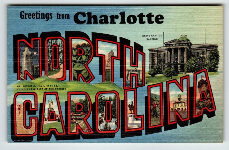 Greetings From Charlotte North Carolina Large Letter Linen Postcard Curt Teich